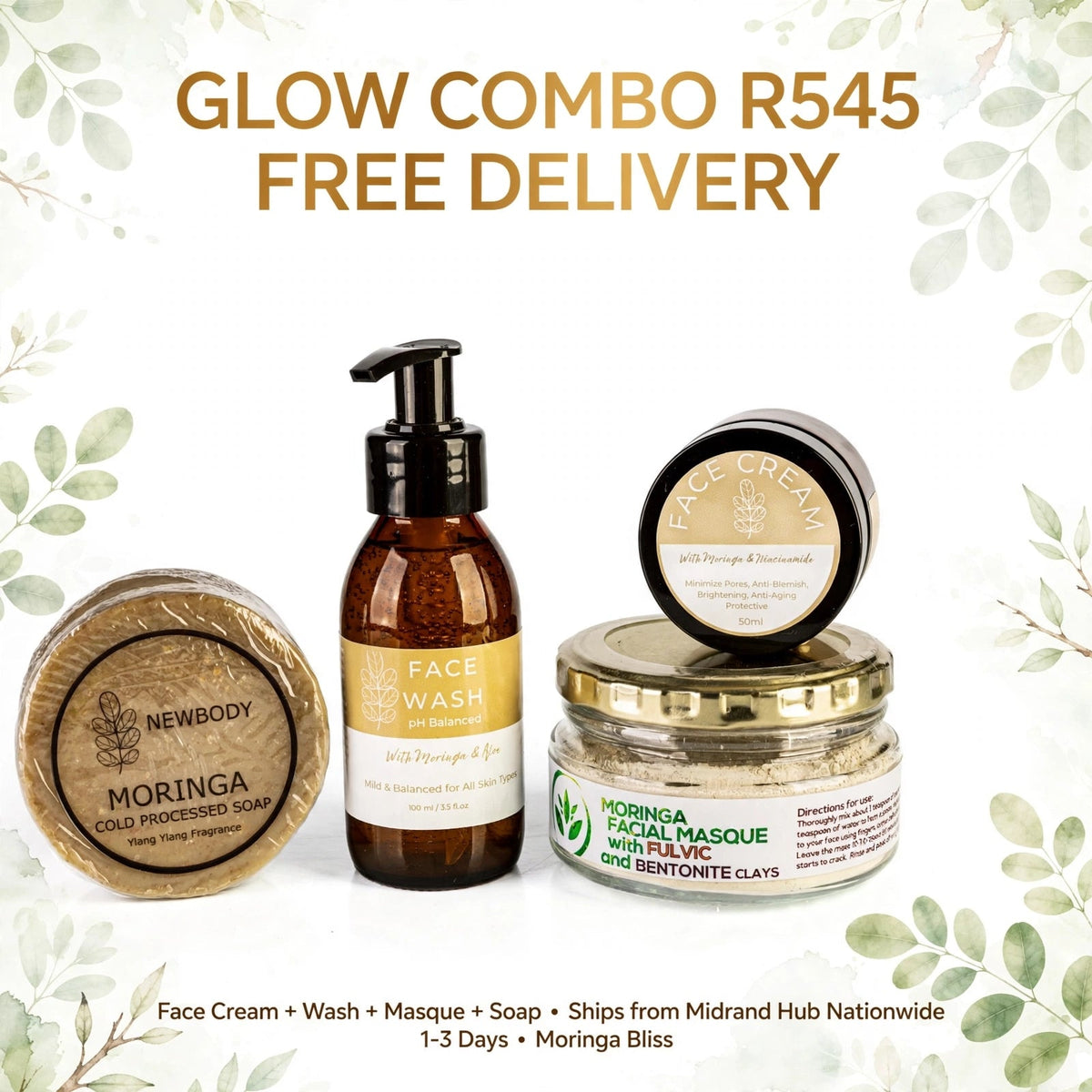 Glow Combo R545 Free Delivery - Face Cream + Wash + Masque + Soap